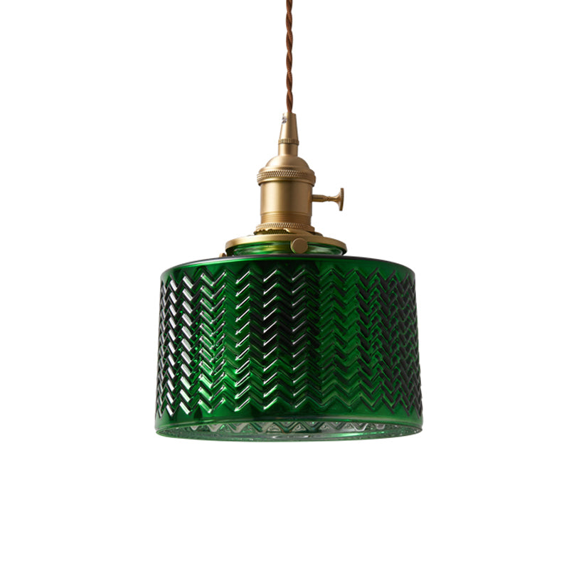 Vintage Brass Green Glass Pendant Light With Rotary Switch