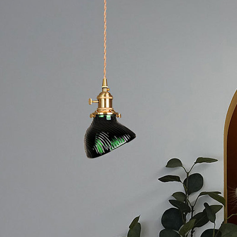 Vintage Brass Green Glass Pendant Light With Rotary Switch / A