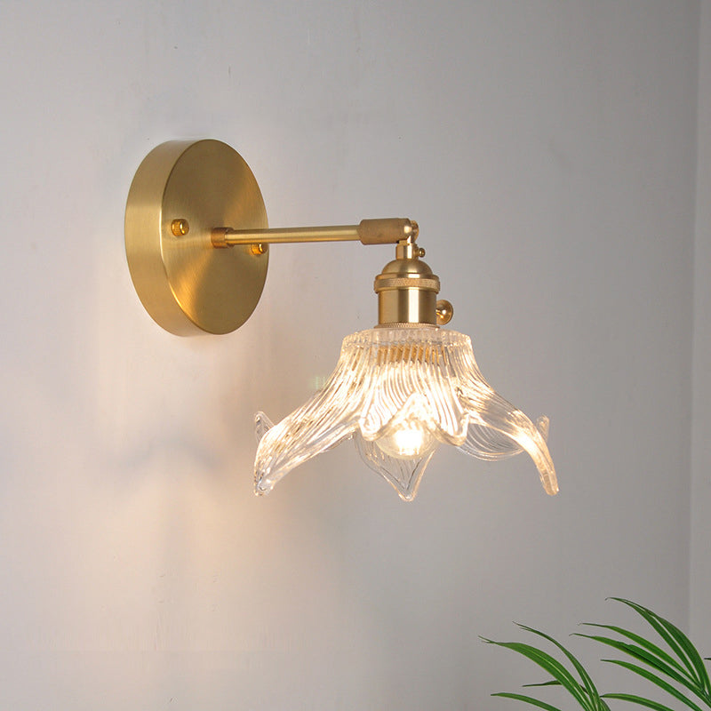 Industrial Wall Mounted Swing Arm Reading Light With Blossom/Bowl Clear Glass Shade - Iron Brass
