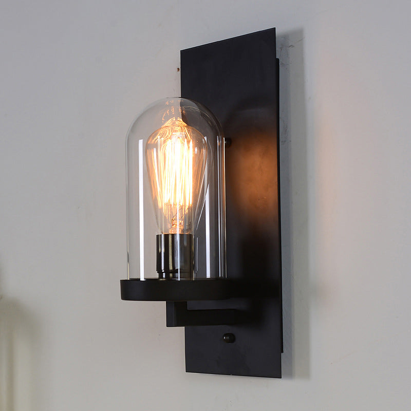 Retro Metal Wall Sconce With Clear Cloche Glass Shade - Black Rectangular Design