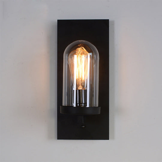 Retro Metal Wall Sconce With Clear Cloche Glass Shade - Black Rectangular Design