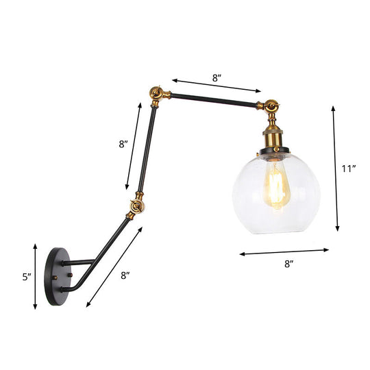 Adjustable Industrial Wall Lamp With Clear Glass Shade - 1 Head Bedroom Reading Light