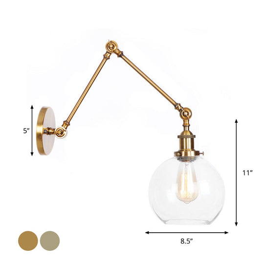 Swing Arm Clear Glass Wall Light Fixture With Brass/Bronze Finish - 1-Light Task Lamp Bell/Ball