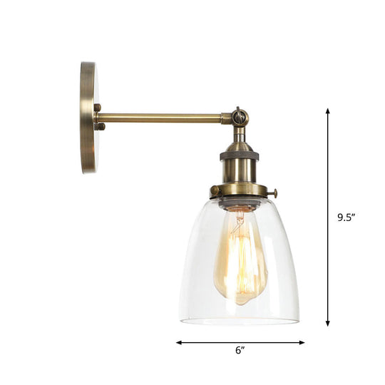 Industrial Clear Glass Wall Light With Brass Cone/Bell Swivel Shade - Single Dining Room Mount