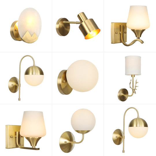 Brass Antique Wall Lamp Fixture With Frosted White Glass Tulip Shade - 1-Light Mount Light