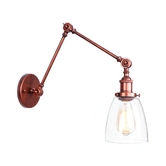 Industrial Swing Arm Wall Light With Clear Glass Conical/Bell/Global Shade In Chrome/Rust Finish
