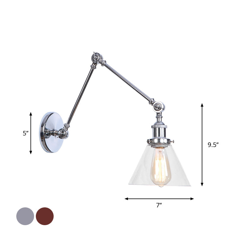 Industrial Swing Arm Wall Light With Clear Glass Conical/Bell/Global Shade In Chrome/Rust Finish