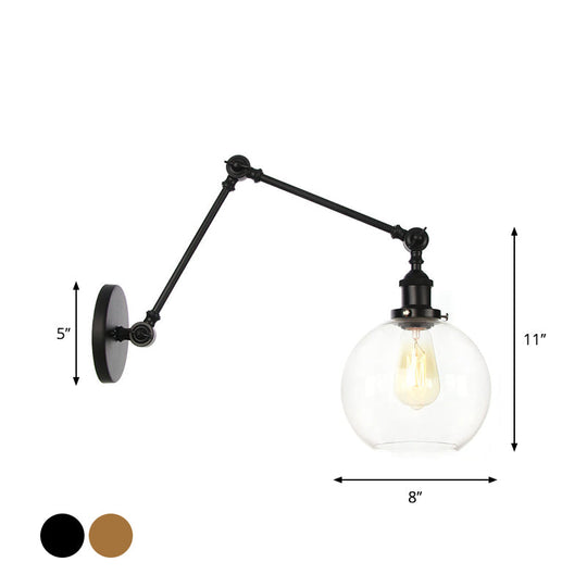 Black Swing Arm Dorm Room Wall Lamp With Clear Glass Shade