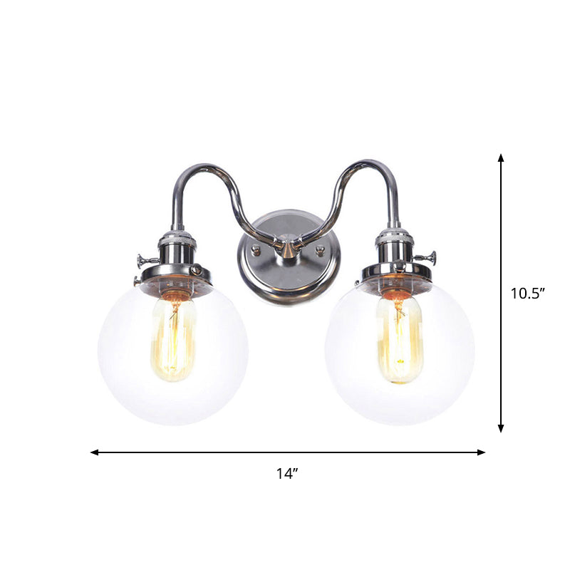 Industrial Style Chrome Wall Sconce With Clear Glass Globe/Cone Wavy Arm - 2 Light Kit For Corridor
