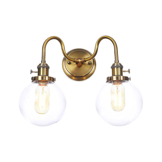 Antiqued Brass Wall Mounted Lamp With Conical/Spherical Shades And Adjustable Arms - 2-Light Fixture