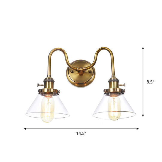 Antiqued Brass Wall Mounted Lamp With Conical/Spherical Shades And Adjustable Arms - 2-Light Fixture