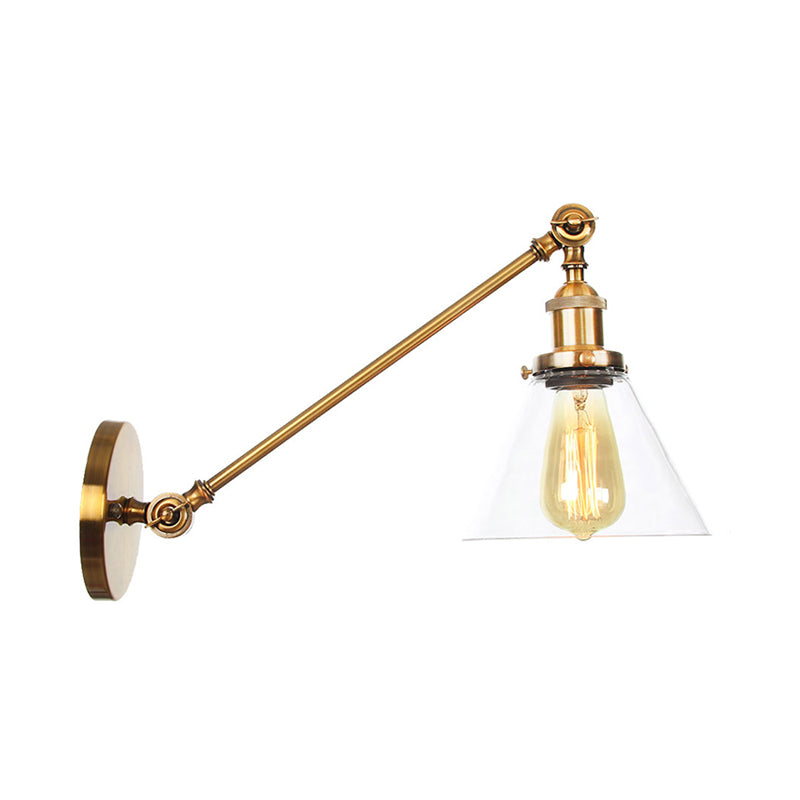 Brass Wall Mounted Clear Glass Sconce Light With Rotating Single-Bulb Saucer/Cone Design & Straight