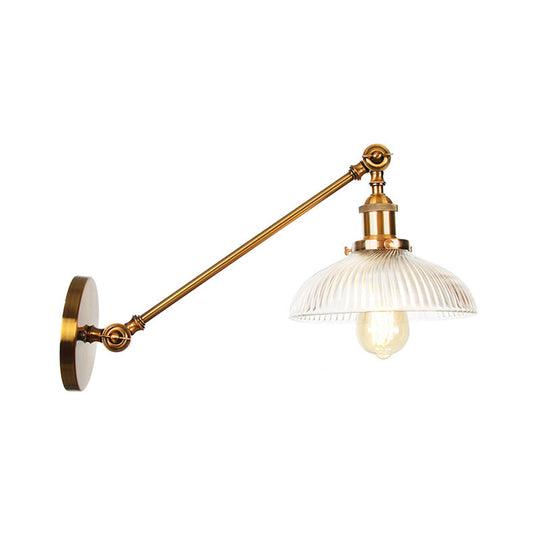 Brass Wall Mounted Clear Glass Sconce Light With Rotating Single-Bulb Saucer/Cone Design & Straight