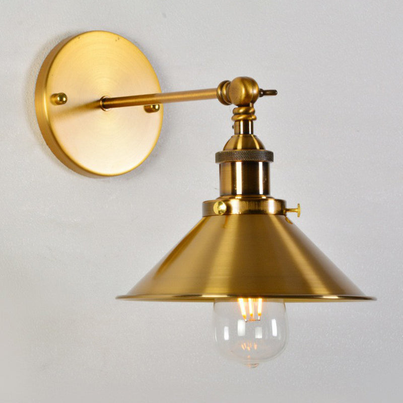 Industrial Gold Wall Lamp With Conical Pivot Shade For Bedside Reading