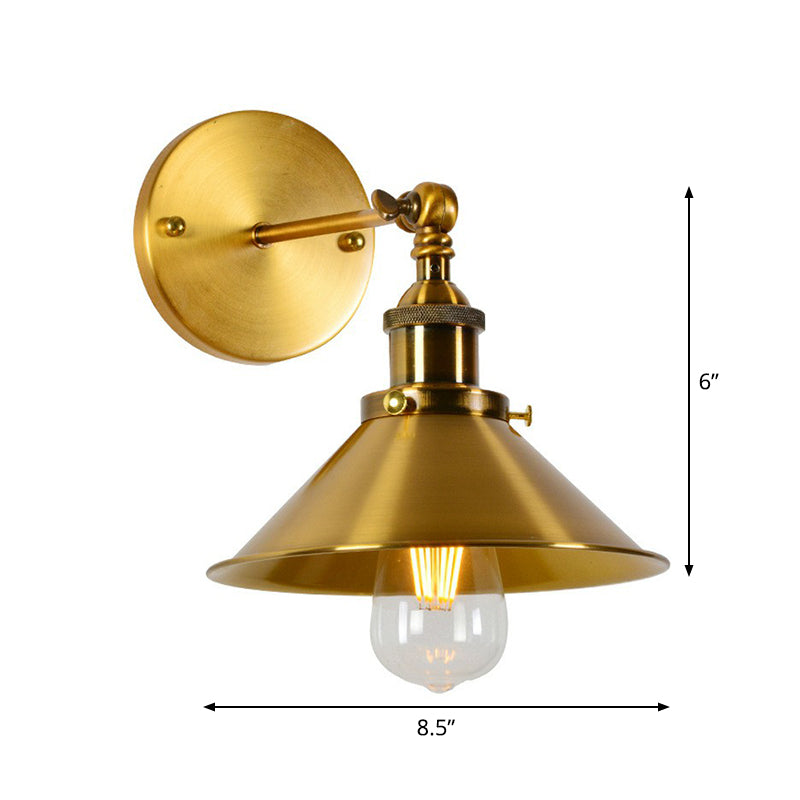 Industrial Gold Wall Lamp With Conical Pivot Shade For Bedside Reading