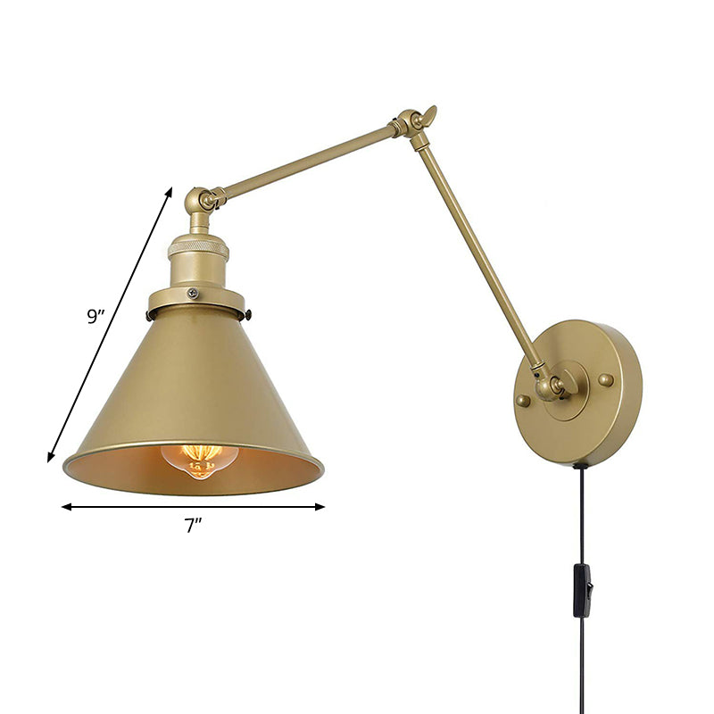 Antique Metallic Conical Bedside Wall Lamp With Swing Arm - Brass Plug-In/Plug-Less Mounted Light