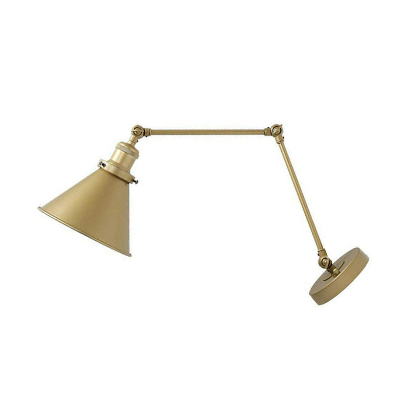 Antique Metallic Conical Bedside Wall Lamp With Swing Arm - Brass Plug-In/Plug-Less Mounted Light /