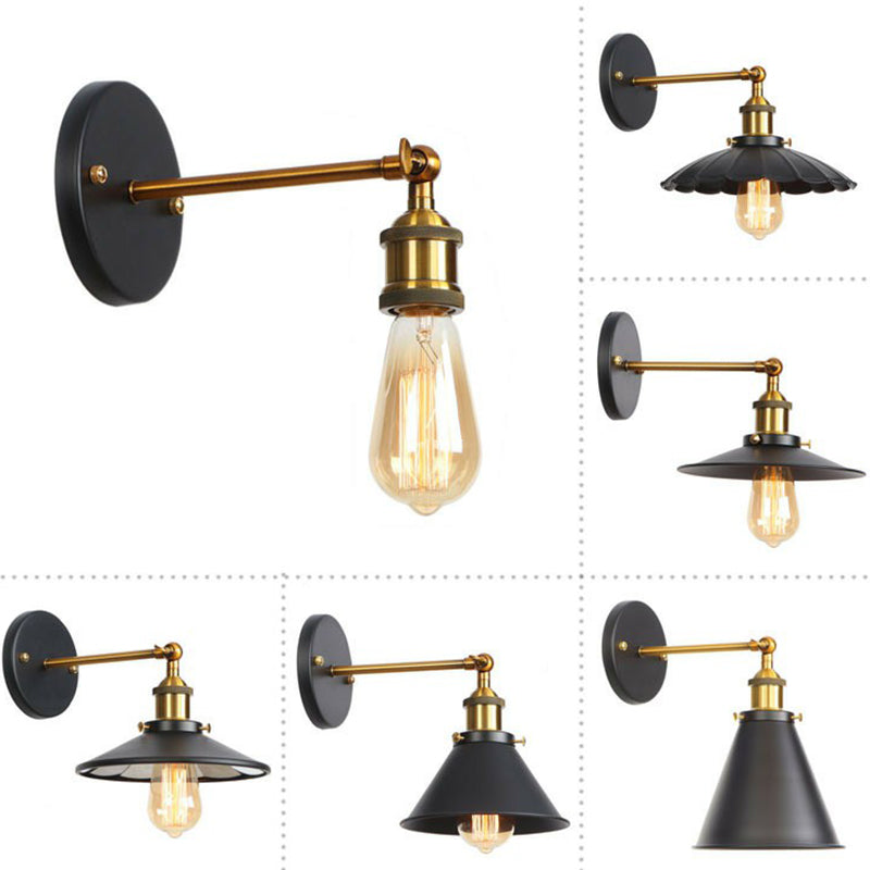 Industrial Metal Rotatable Wall Lamp In Black With Brass Arm And Open Bulb Design / A