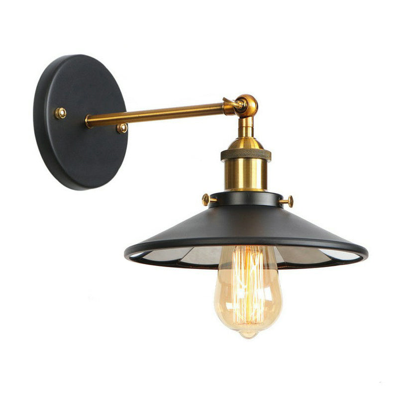 Industrial Metal Rotatable Wall Lamp In Black With Brass Arm And Open Bulb Design