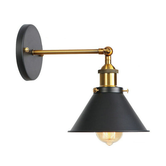 Industrial Metal Rotatable Wall Lamp In Black With Brass Arm And Open Bulb Design / E