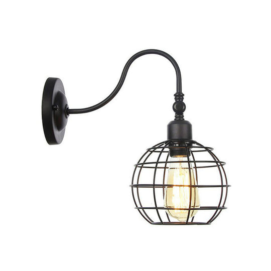 Black Iron Gooseneck Wall Lamp - Single Factory Mounted Lighting Fixture With 3 Cage Options: Tube