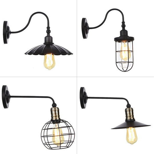 Rustic 1-Light Iron Wall Lamp Fixture In Black For Dining Room - Bell/Sphere Cage/Flared Light