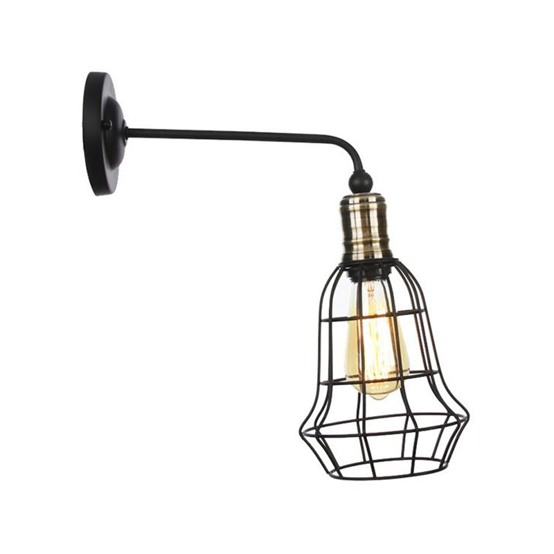 Rustic 1-Light Iron Wall Lamp Fixture In Black For Dining Room - Bell/Sphere Cage/Flared Light / D