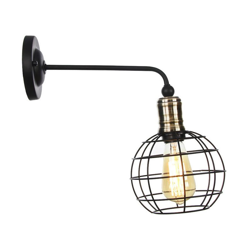 Rustic 1-Light Iron Wall Lamp Fixture In Black For Dining Room - Bell/Sphere Cage/Flared Light / F