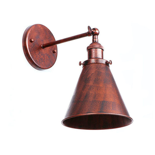 Farmhouse Rust Mesh Wall Lamp With Rotating Single-Bulb: Bowl Cone Or Horn Design - Living Room