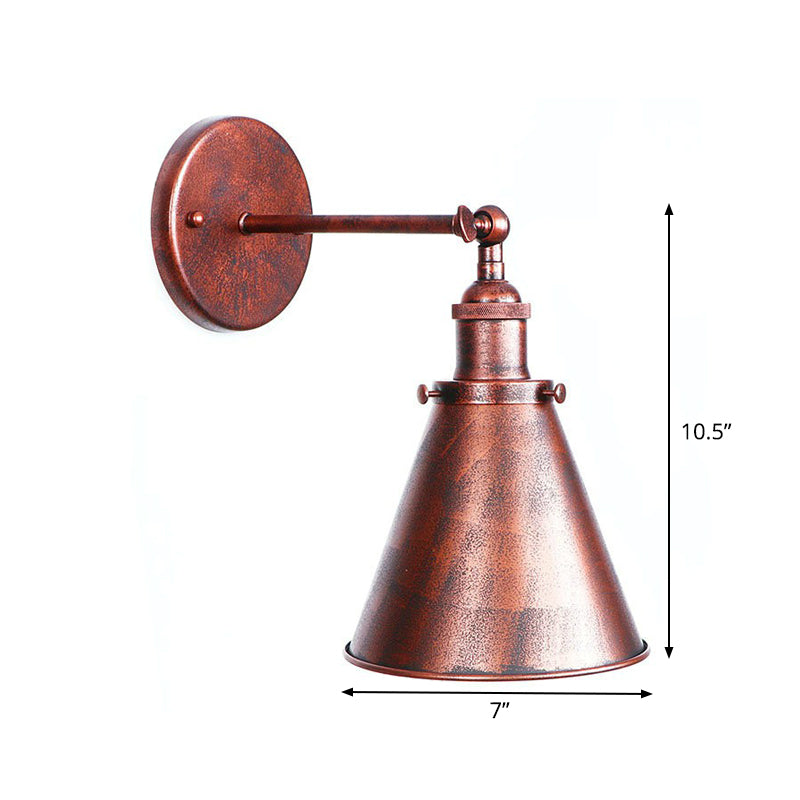 Farmhouse Rust Mesh Wall Lamp With Rotating Single-Bulb: Bowl Cone Or Horn Design - Living Room