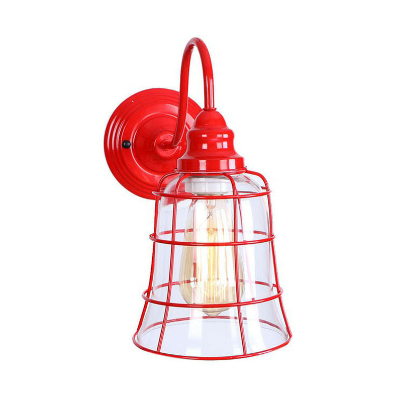 Vintage Red Gooseneck Wall Lamp: Retro Metal Bedside Fixture With Ruffle/Cone Shade/Cage / A