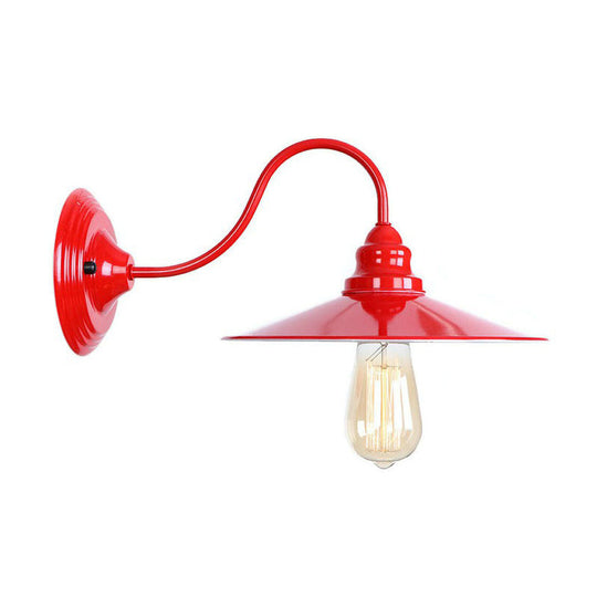 Vintage Red Gooseneck Wall Lamp: Retro Metal Bedside Fixture With Ruffle/Cone Shade/Cage / B