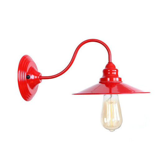 Vintage Red Gooseneck Wall Lamp: Retro Metal Bedside Fixture With Ruffle/Cone Shade/Cage / C