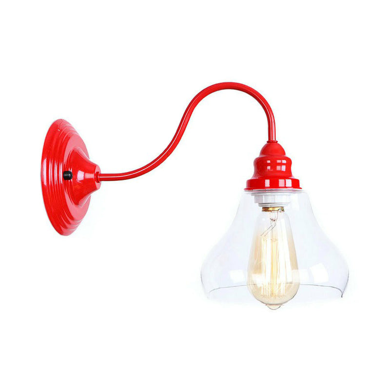 Vintage Red Gooseneck Wall Lamp: Retro Metal Bedside Fixture With Ruffle/Cone Shade/Cage / F