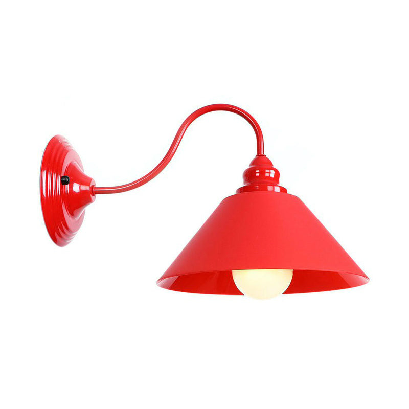 Vintage Red Gooseneck Wall Lamp: Retro Metal Bedside Fixture With Ruffle/Cone Shade/Cage / G