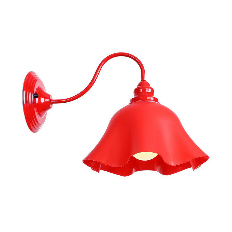 Vintage Red Gooseneck Wall Lamp: Retro Metal Bedside Fixture With Ruffle/Cone Shade/Cage / H