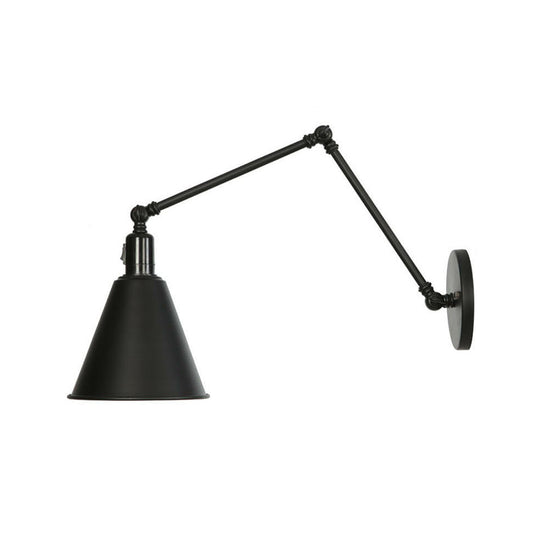 Industrial Swing Arm Wall Lamp: 1-Light Iron Light In Black/White Cone/Saucer/Scalloped Design For