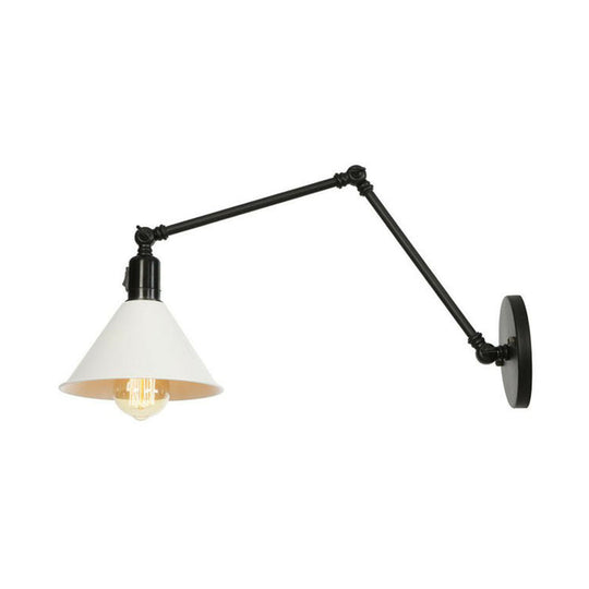 Industrial Swing Arm Wall Lamp: 1-Light Iron Light In Black/White Cone/Saucer/Scalloped Design For