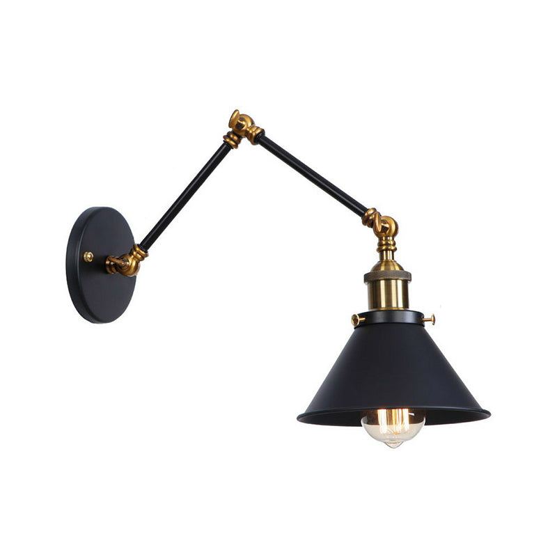Industrial Metal Wall Reading Lamp With Flared Cone Design And Swing Arm - 1 Bulb Black-Brass