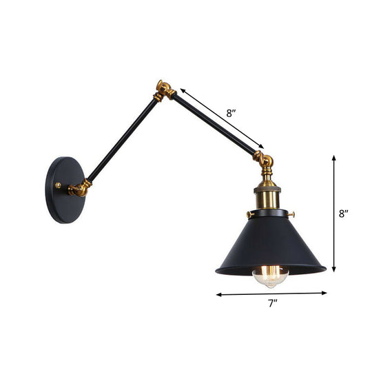 Industrial Metal Wall Reading Lamp With Flared Cone Design And Swing Arm - 1 Bulb Black-Brass
