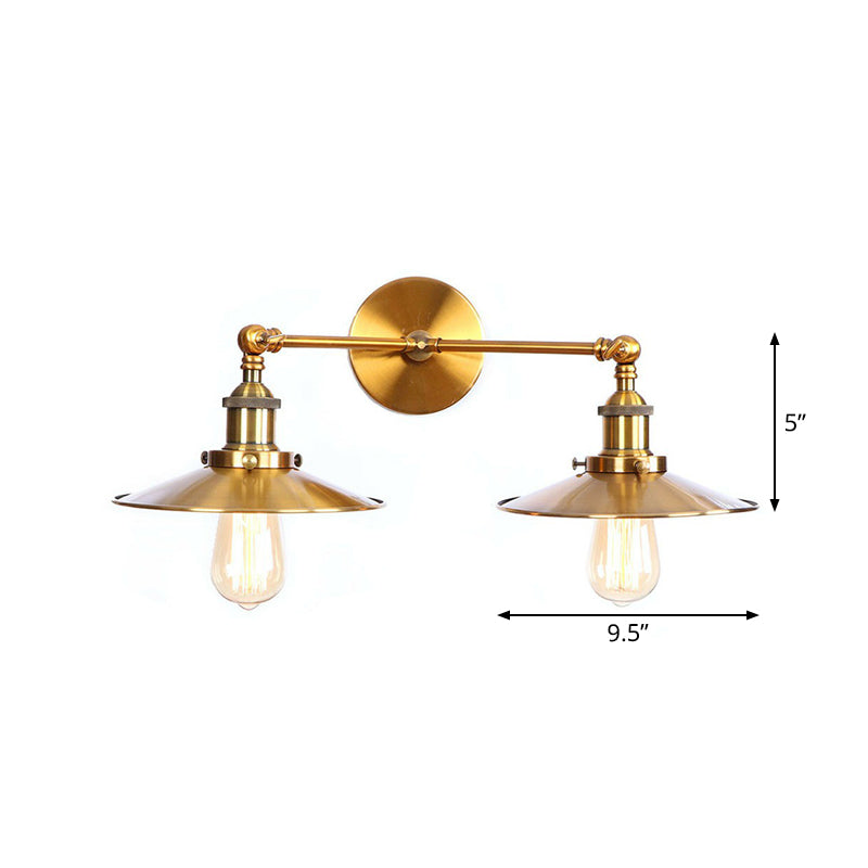 Antique Brass Wall Lamp With Dual Head And Adjustable Joint - Iron Horn/Scalloped/Cone Shade