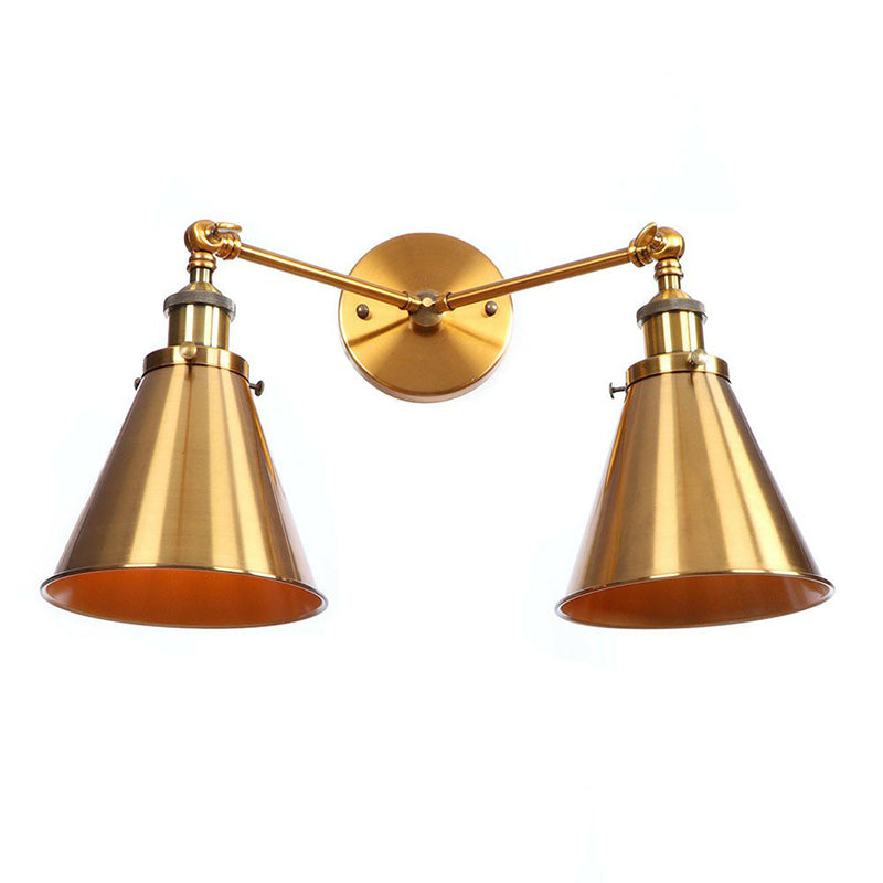 Antique Brass Wall Lamp With Dual Head And Adjustable Joint - Iron Horn/Scalloped/Cone Shade
