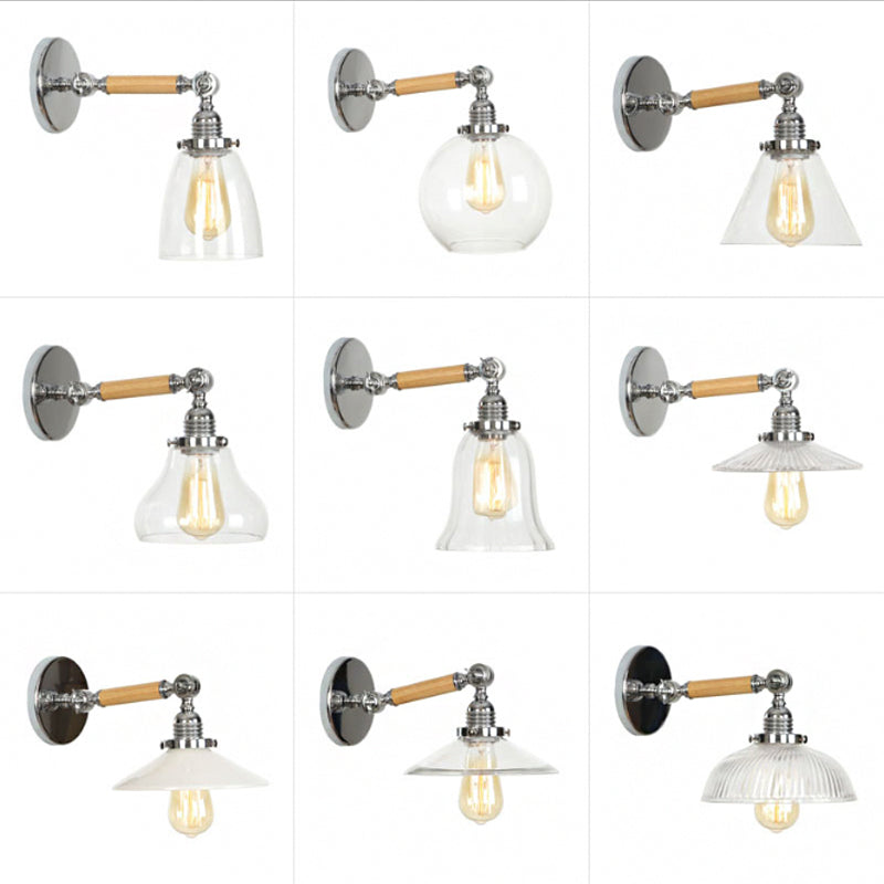 1-Light Rustic Wall Mounted Lamp - Clear Glass Rotatable Bowl/Cone/Bell Design In Chrome And Wood