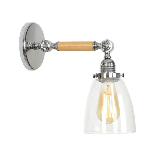 1-Light Rustic Wall Mounted Lamp - Clear Glass Rotatable Bowl/Cone/Bell Design In Chrome And Wood /