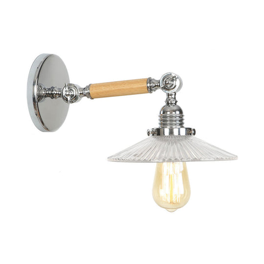 1-Light Rustic Wall Mounted Lamp - Clear Glass Rotatable Bowl/Cone/Bell Design In Chrome And Wood /