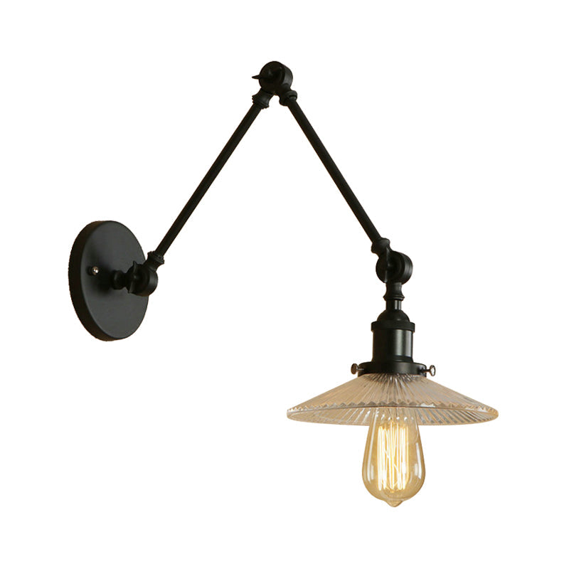 Loft Style Ribbed Glass Saucer Shade Studio Task Wall Lamp - Black-Brass/Black Swing Arm Mount Light