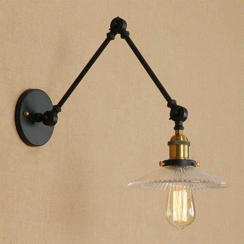 Loft Style Ribbed Glass Saucer Shade Studio Task Wall Lamp - Black-Brass/Black Swing Arm Mount Light