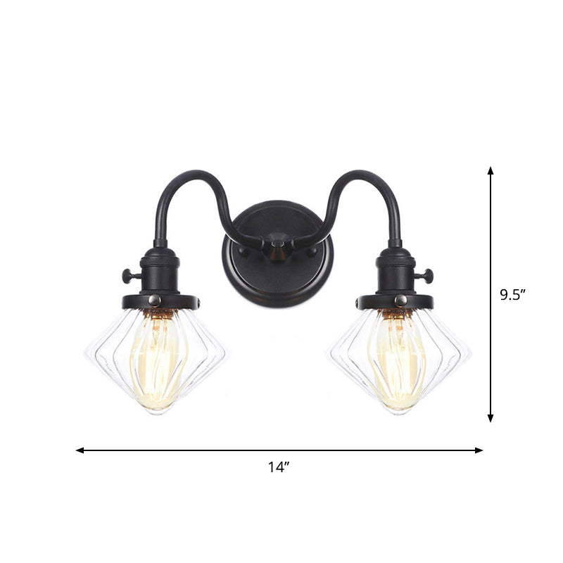 Farmhouse Iron 2-Head Wall Lighting In Black With Curved/Straight Arm Clear Glass Cone/Ball Shades -