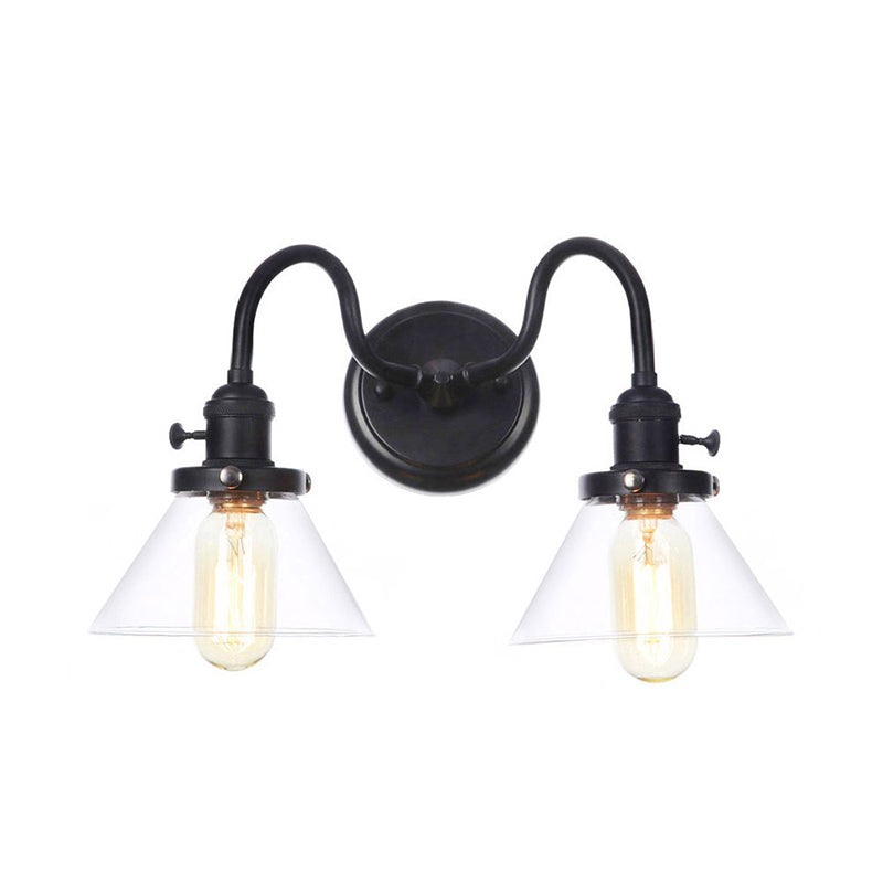Farmhouse Iron 2-Head Wall Lighting In Black With Curved/Straight Arm Clear Glass Cone/Ball Shades -