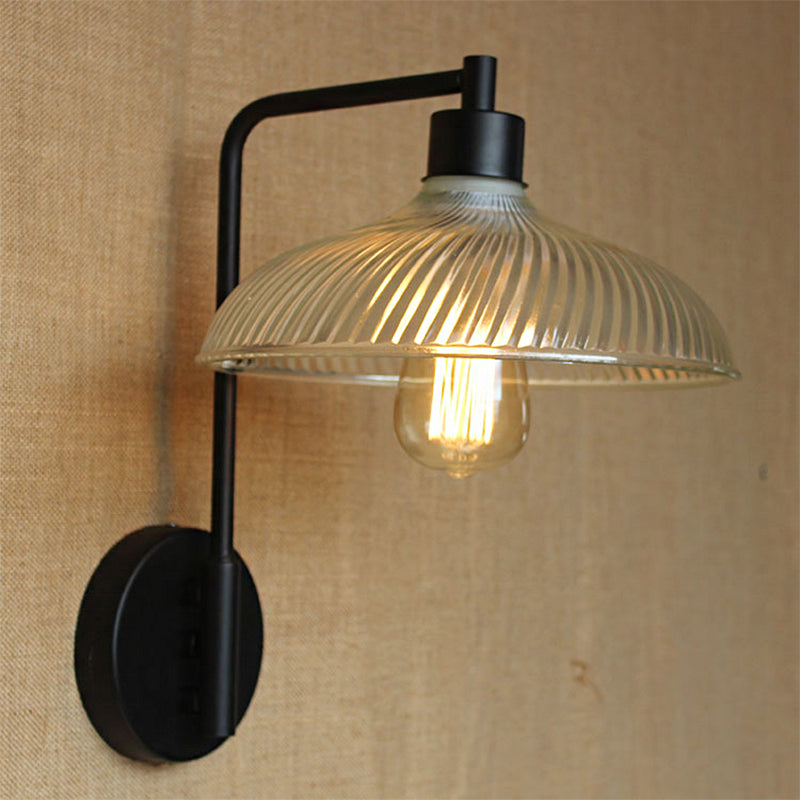 Vintage Ribbed Glass Wall Sconce - Black Bedroom Lamp / A
